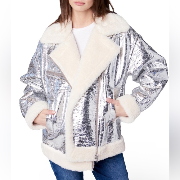 Blank NYC Jackets & Blazers - BLANK NYC Silver Metallic Faux Shearling Aviator Jacket Cozy Moto Zip SZ L